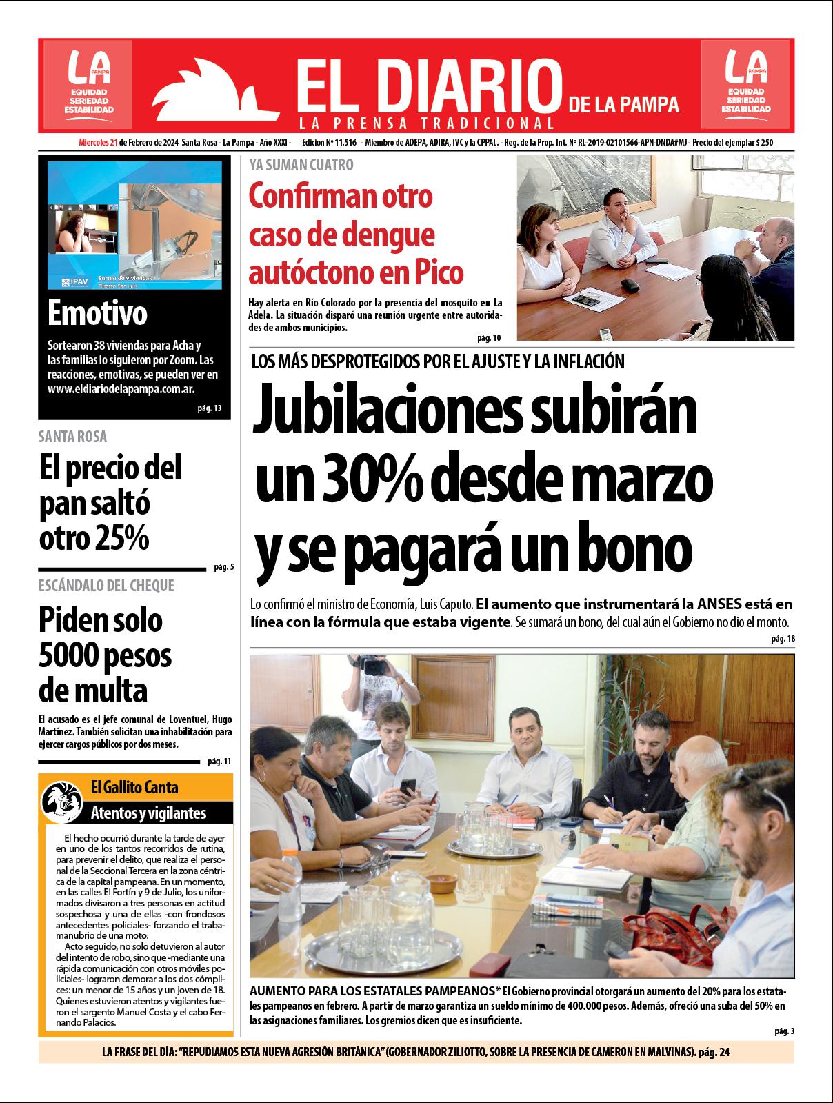Tapa de El Diario en papel  mieacutercoles 21 de febrero de 2024
